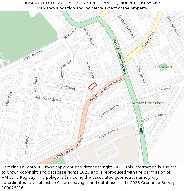 ROSEWOOD COTTAGE, ALLISON STREET, AMBLE, MORPETH, NE65 0NX: Location map and indicative extent of plot