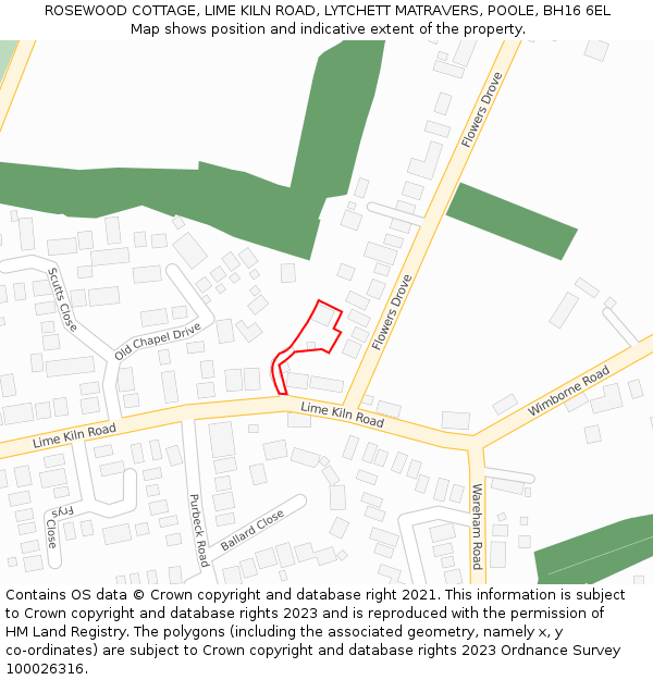 ROSEWOOD COTTAGE, LIME KILN ROAD, LYTCHETT MATRAVERS, POOLE, BH16 6EL: Location map and indicative extent of plot