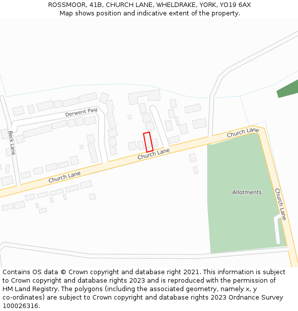 ROSSMOOR, 41B, CHURCH LANE, WHELDRAKE, YORK, YO19 6AX: Location map and indicative extent of plot