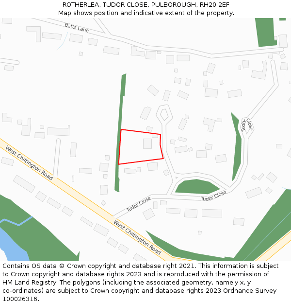 ROTHERLEA, TUDOR CLOSE, PULBOROUGH, RH20 2EF: Location map and indicative extent of plot