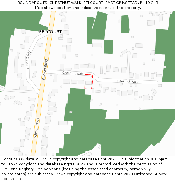 ROUNDABOUTS, CHESTNUT WALK, FELCOURT, EAST GRINSTEAD, RH19 2LB: Location map and indicative extent of plot