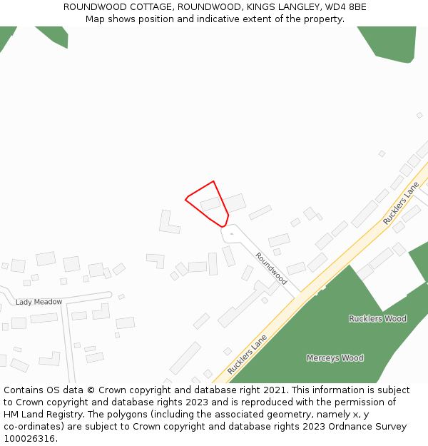 ROUNDWOOD COTTAGE, ROUNDWOOD, KINGS LANGLEY, WD4 8BE: Location map and indicative extent of plot