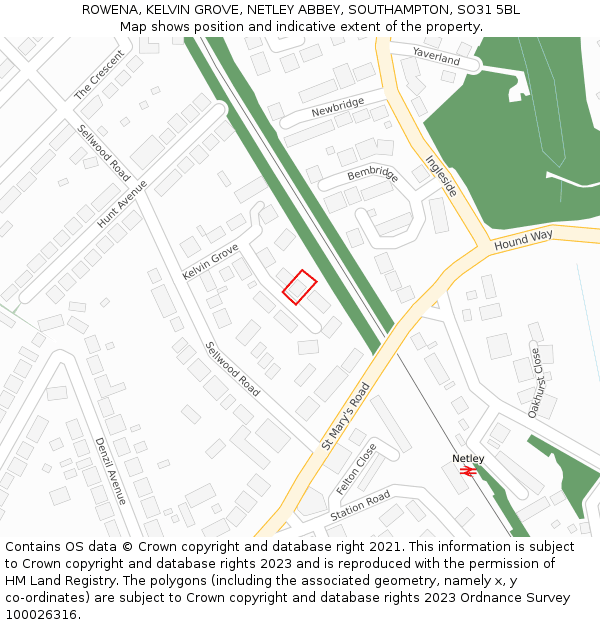 ROWENA, KELVIN GROVE, NETLEY ABBEY, SOUTHAMPTON, SO31 5BL: Location map and indicative extent of plot