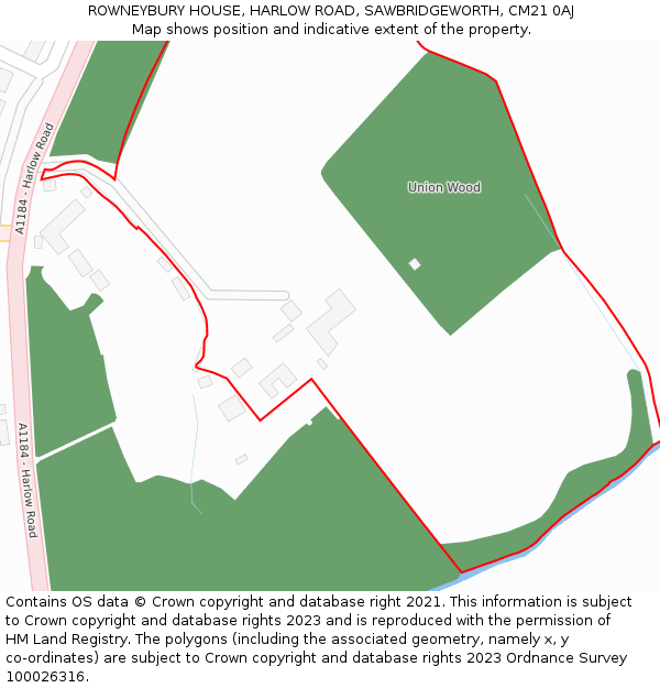 ROWNEYBURY HOUSE, HARLOW ROAD, SAWBRIDGEWORTH, CM21 0AJ: Location map and indicative extent of plot