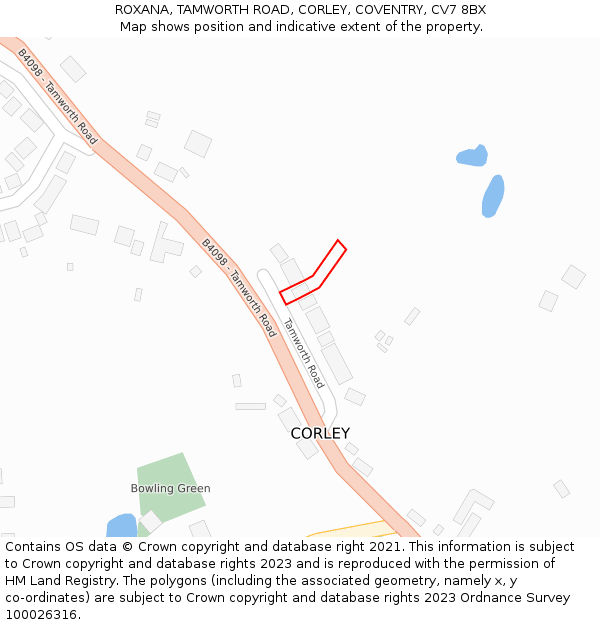 ROXANA, TAMWORTH ROAD, CORLEY, COVENTRY, CV7 8BX: Location map and indicative extent of plot