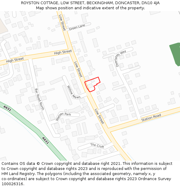 ROYSTON COTTAGE, LOW STREET, BECKINGHAM, DONCASTER, DN10 4JA: Location map and indicative extent of plot