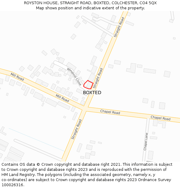 ROYSTON HOUSE, STRAIGHT ROAD, BOXTED, COLCHESTER, CO4 5QX: Location map and indicative extent of plot