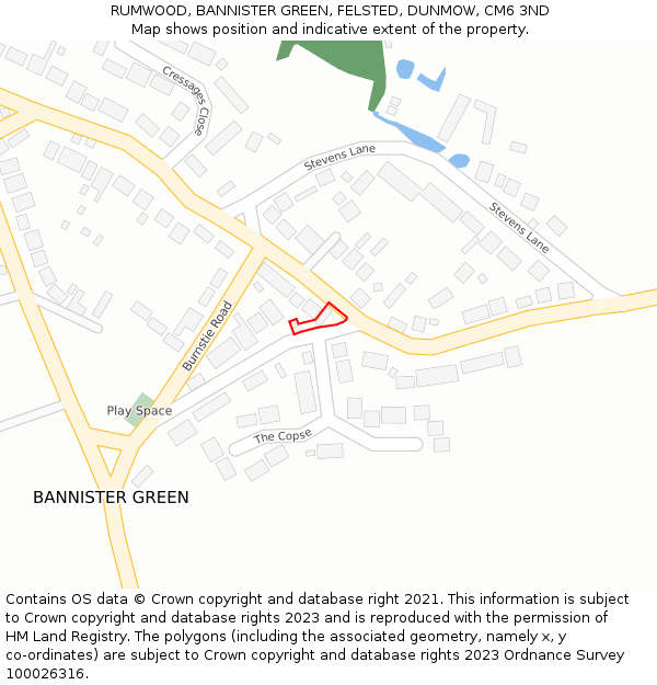 RUMWOOD, BANNISTER GREEN, FELSTED, DUNMOW, CM6 3ND: Location map and indicative extent of plot