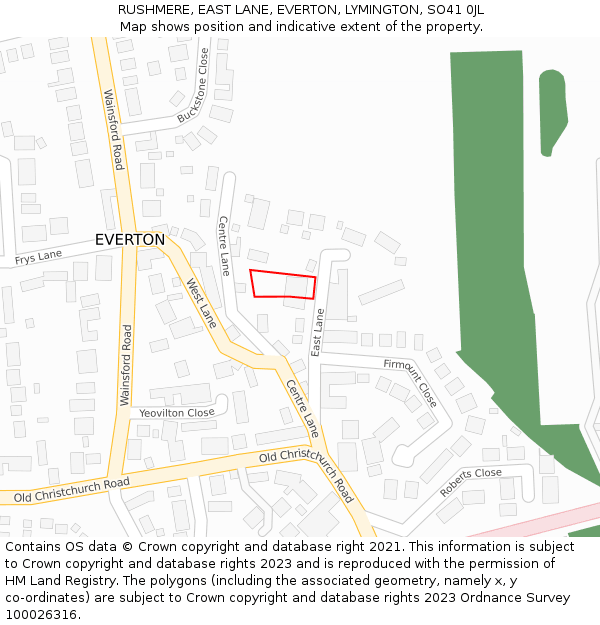 RUSHMERE, EAST LANE, EVERTON, LYMINGTON, SO41 0JL: Location map and indicative extent of plot