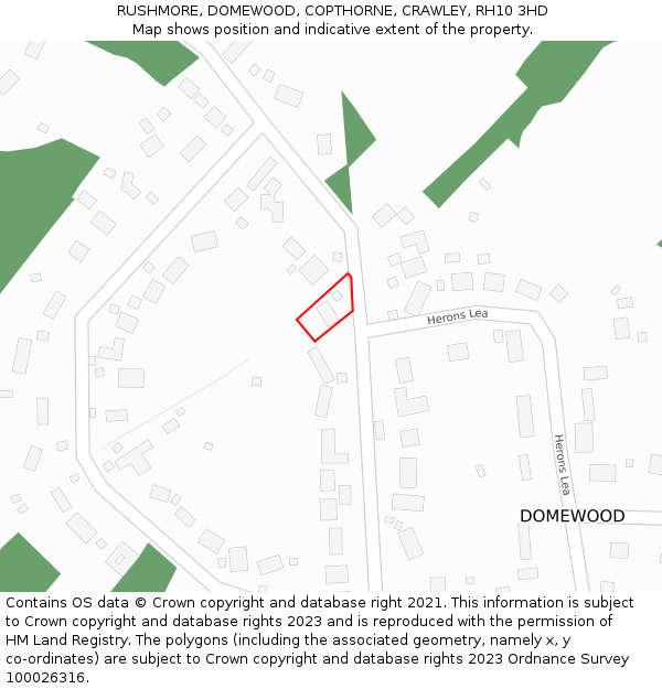 RUSHMORE, DOMEWOOD, COPTHORNE, CRAWLEY, RH10 3HD: Location map and indicative extent of plot
