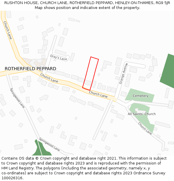 RUSHTON HOUSE, CHURCH LANE, ROTHERFIELD PEPPARD, HENLEY-ON-THAMES, RG9 5JR: Location map and indicative extent of plot