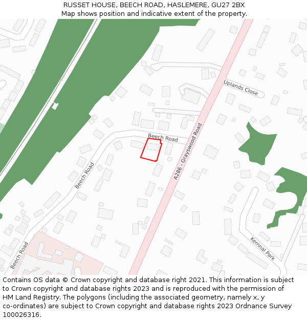 RUSSET HOUSE, BEECH ROAD, HASLEMERE, GU27 2BX: Location map and indicative extent of plot