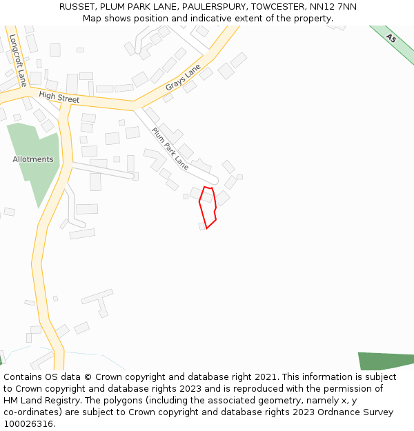 RUSSET, PLUM PARK LANE, PAULERSPURY, TOWCESTER, NN12 7NN: Location map and indicative extent of plot