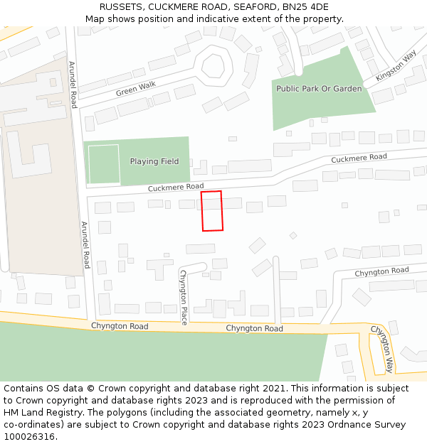 RUSSETS, CUCKMERE ROAD, SEAFORD, BN25 4DE: Location map and indicative extent of plot