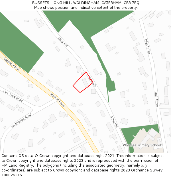 RUSSETS, LONG HILL, WOLDINGHAM, CATERHAM, CR3 7EQ: Location map and indicative extent of plot