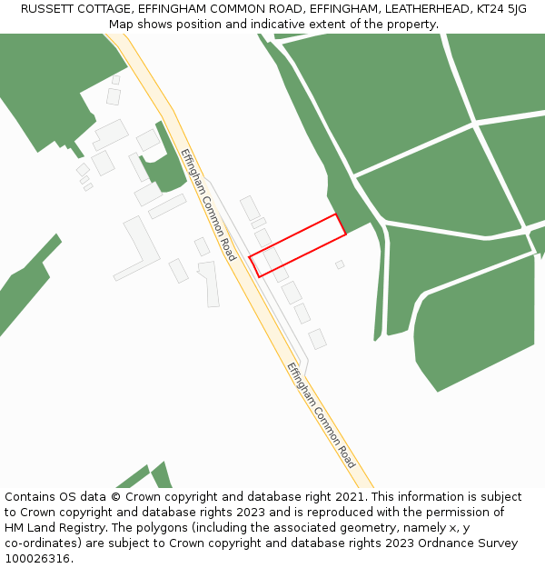 RUSSETT COTTAGE, EFFINGHAM COMMON ROAD, EFFINGHAM, LEATHERHEAD, KT24 5JG: Location map and indicative extent of plot