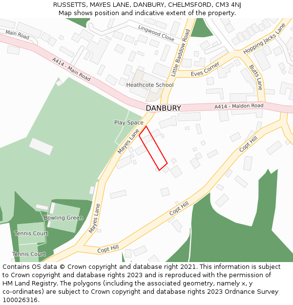 RUSSETTS, MAYES LANE, DANBURY, CHELMSFORD, CM3 4NJ: Location map and indicative extent of plot