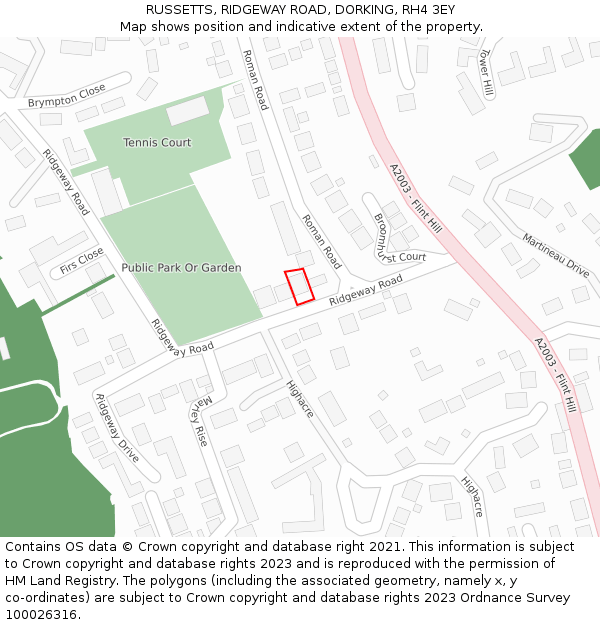 RUSSETTS, RIDGEWAY ROAD, DORKING, RH4 3EY: Location map and indicative extent of plot
