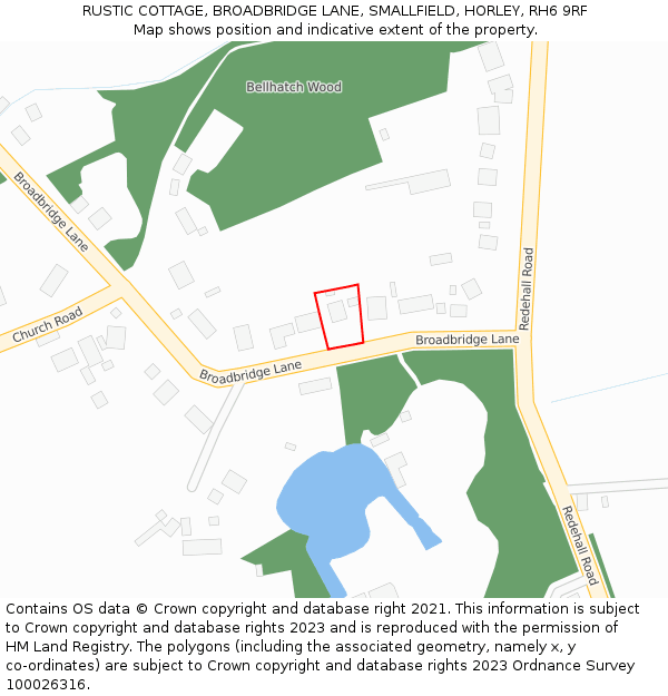 RUSTIC COTTAGE, BROADBRIDGE LANE, SMALLFIELD, HORLEY, RH6 9RF: Location map and indicative extent of plot