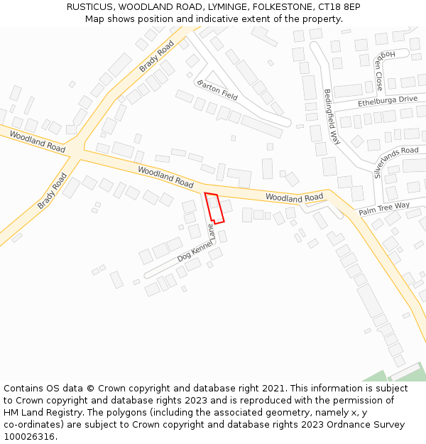 RUSTICUS, WOODLAND ROAD, LYMINGE, FOLKESTONE, CT18 8EP: Location map and indicative extent of plot