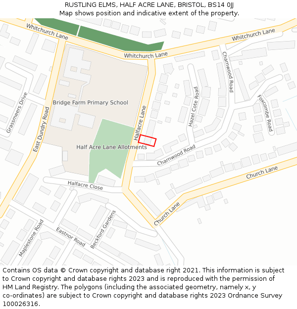 RUSTLING ELMS, HALF ACRE LANE, BRISTOL, BS14 0JJ: Location map and indicative extent of plot