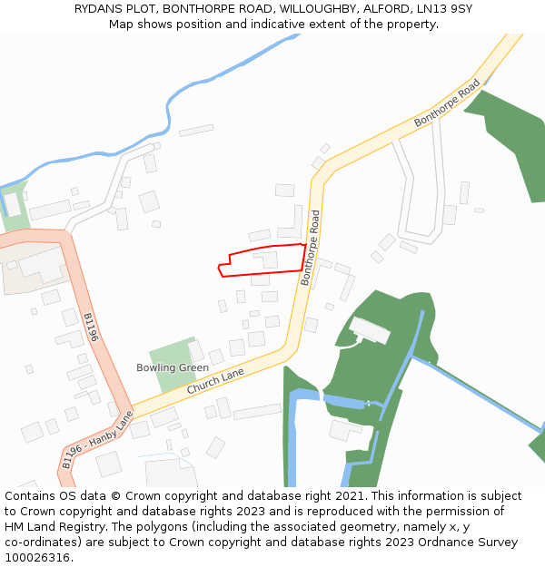 RYDANS PLOT, BONTHORPE ROAD, WILLOUGHBY, ALFORD, LN13 9SY: Location map and indicative extent of plot