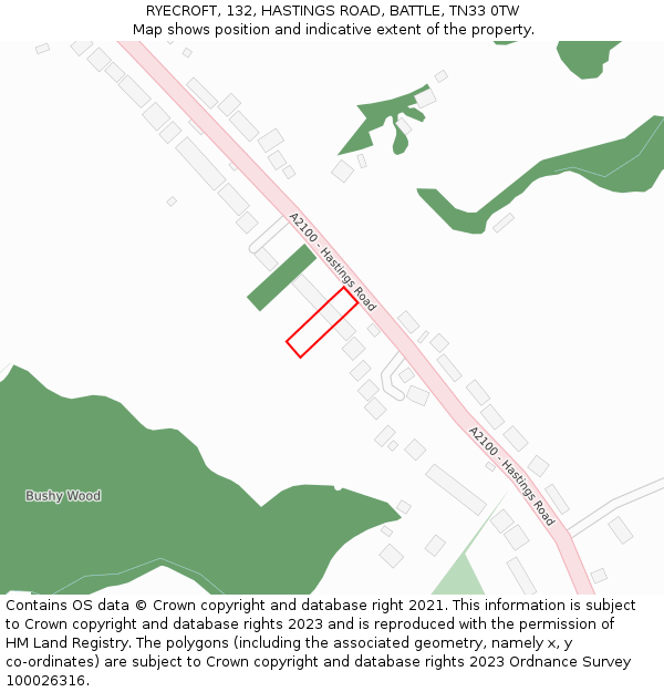 RYECROFT, 132, HASTINGS ROAD, BATTLE, TN33 0TW: Location map and indicative extent of plot