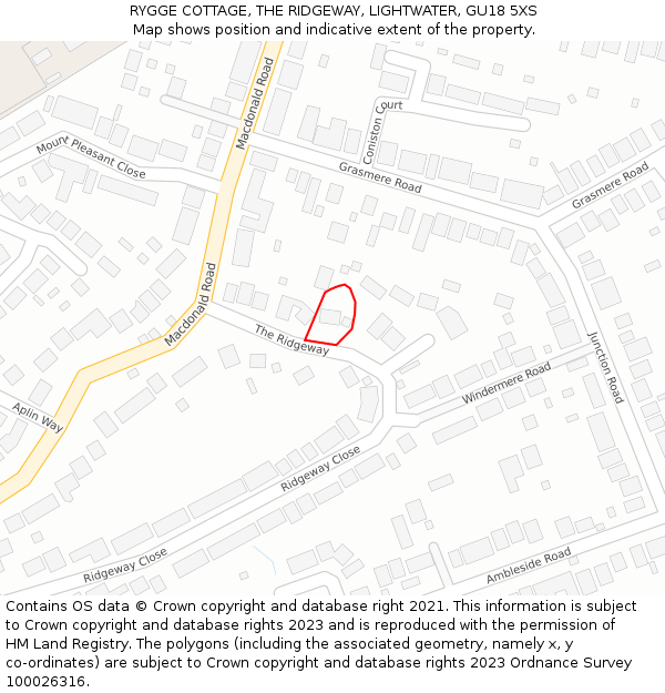 RYGGE COTTAGE, THE RIDGEWAY, LIGHTWATER, GU18 5XS: Location map and indicative extent of plot