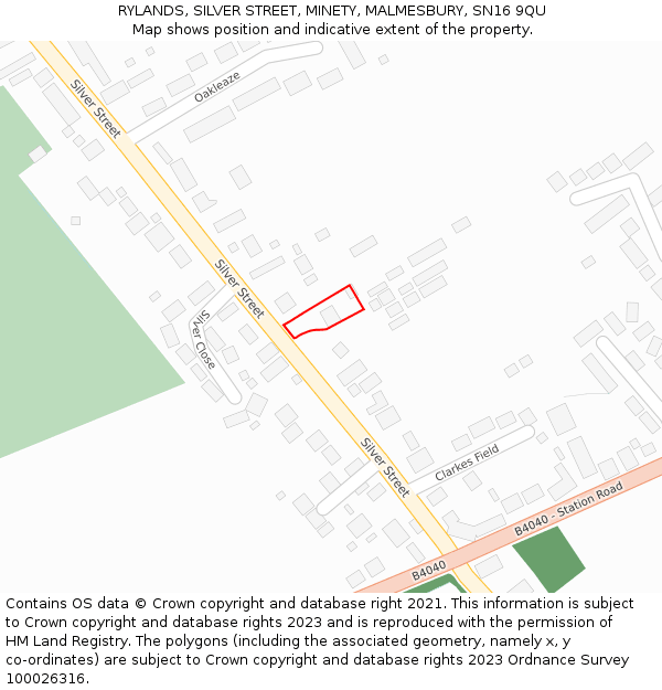 RYLANDS, SILVER STREET, MINETY, MALMESBURY, SN16 9QU: Location map and indicative extent of plot