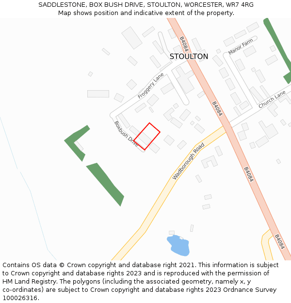 SADDLESTONE, BOX BUSH DRIVE, STOULTON, WORCESTER, WR7 4RG: Location map and indicative extent of plot