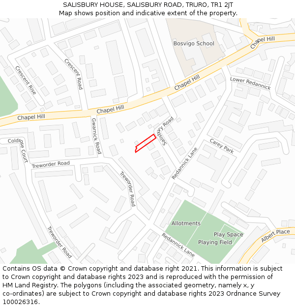 SALISBURY HOUSE, SALISBURY ROAD, TRURO, TR1 2JT: Location map and indicative extent of plot