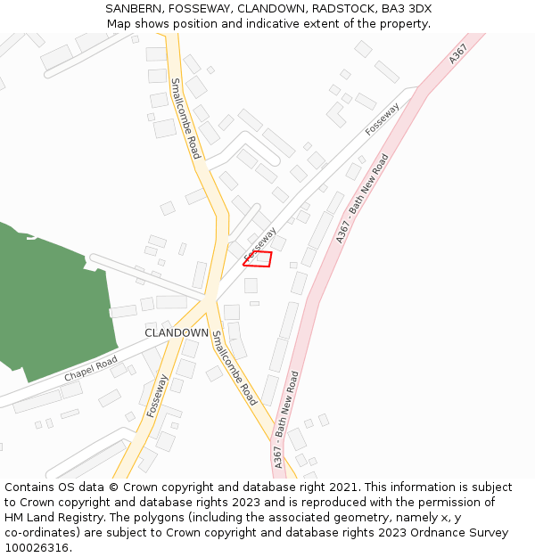 SANBERN, FOSSEWAY, CLANDOWN, RADSTOCK, BA3 3DX: Location map and indicative extent of plot