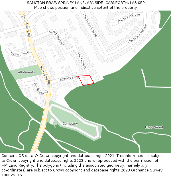 SANCTON BRAE, SPINNEY LANE, ARNSIDE, CARNFORTH, LA5 0EP: Location map and indicative extent of plot