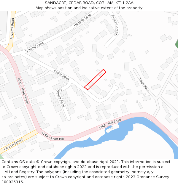 SANDACRE, CEDAR ROAD, COBHAM, KT11 2AA: Location map and indicative extent of plot