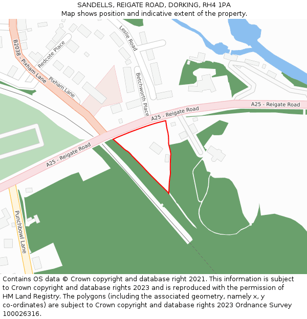 SANDELLS, REIGATE ROAD, DORKING, RH4 1PA: Location map and indicative extent of plot