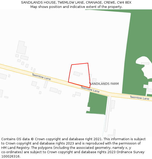 SANDILANDS HOUSE, TWEMLOW LANE, CRANAGE, CREWE, CW4 8EX: Location map and indicative extent of plot