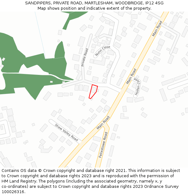 SANDPIPERS, PRIVATE ROAD, MARTLESHAM, WOODBRIDGE, IP12 4SG: Location map and indicative extent of plot