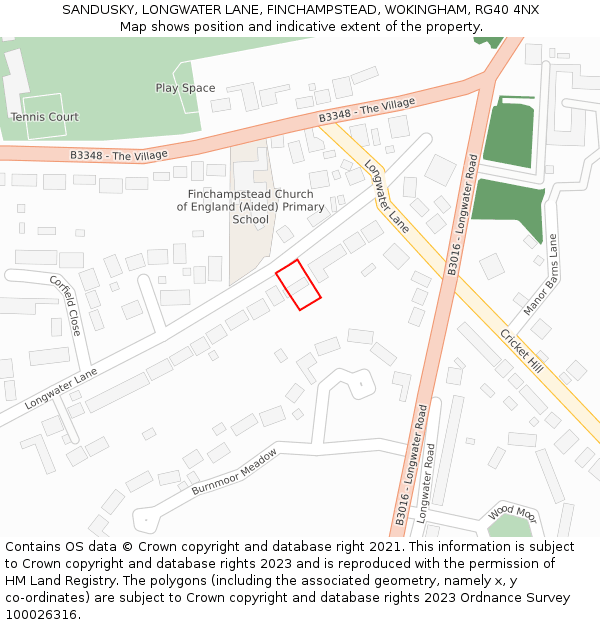 SANDUSKY, LONGWATER LANE, FINCHAMPSTEAD, WOKINGHAM, RG40 4NX: Location map and indicative extent of plot