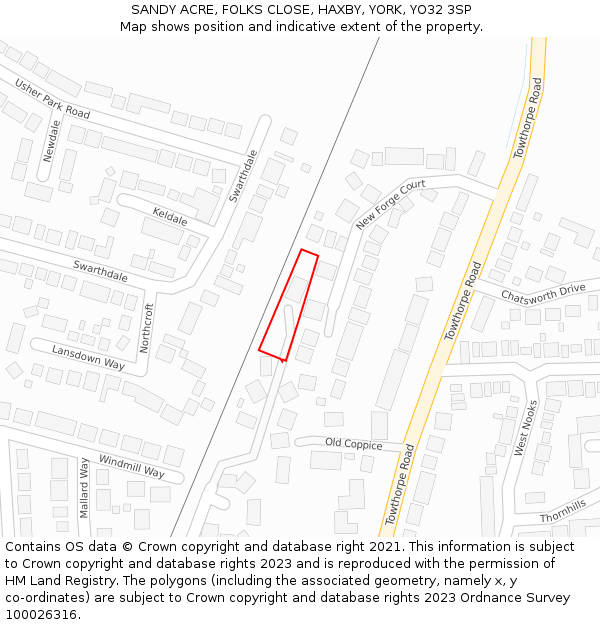 SANDY ACRE, FOLKS CLOSE, HAXBY, YORK, YO32 3SP: Location map and indicative extent of plot