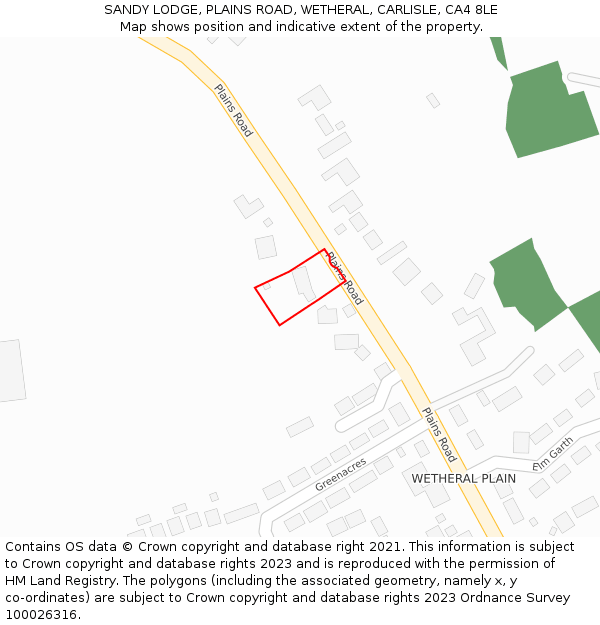 SANDY LODGE, PLAINS ROAD, WETHERAL, CARLISLE, CA4 8LE: Location map and indicative extent of plot