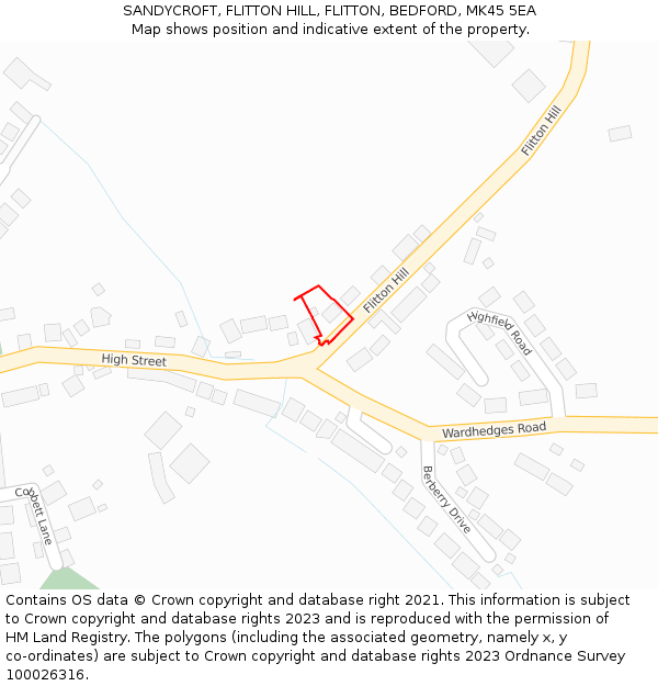 SANDYCROFT, FLITTON HILL, FLITTON, BEDFORD, MK45 5EA: Location map and indicative extent of plot
