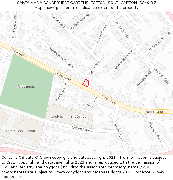 SANTA MARIA, WINDERMERE GARDENS, TOTTON, SOUTHAMPTON, SO40 3JZ: Location map and indicative extent of plot