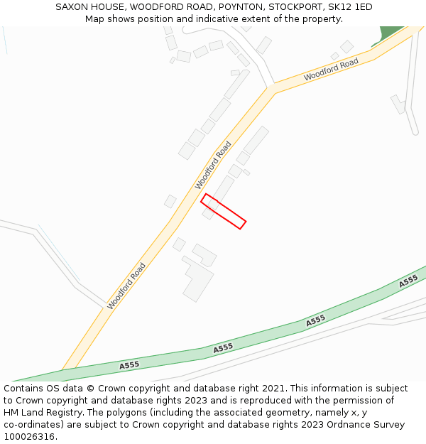 SAXON HOUSE, WOODFORD ROAD, POYNTON, STOCKPORT, SK12 1ED: Location map and indicative extent of plot