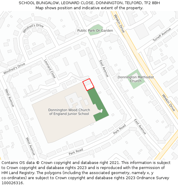 SCHOOL BUNGALOW, LEONARD CLOSE, DONNINGTON, TELFORD, TF2 8BH: Location map and indicative extent of plot
