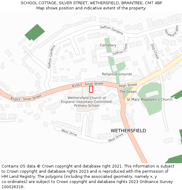 SCHOOL COTTAGE, SILVER STREET, WETHERSFIELD, BRAINTREE, CM7 4BP: Location map and indicative extent of plot