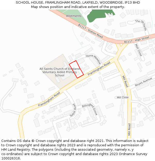 SCHOOL HOUSE, FRAMLINGHAM ROAD, LAXFIELD, WOODBRIDGE, IP13 8HD: Location map and indicative extent of plot