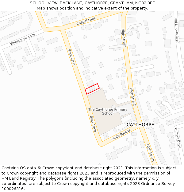 SCHOOL VIEW, BACK LANE, CAYTHORPE, GRANTHAM, NG32 3EE: Location map and indicative extent of plot