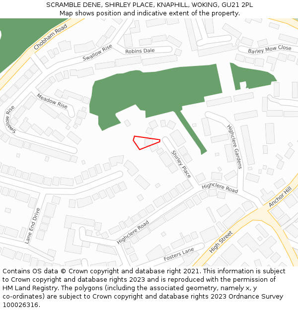 SCRAMBLE DENE, SHIRLEY PLACE, KNAPHILL, WOKING, GU21 2PL: Location map and indicative extent of plot