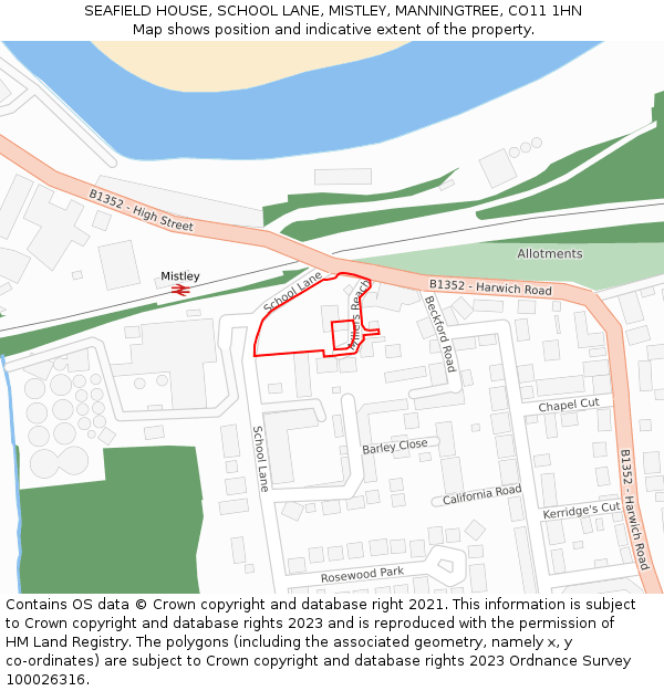 SEAFIELD HOUSE, SCHOOL LANE, MISTLEY, MANNINGTREE, CO11 1HN: Location map and indicative extent of plot