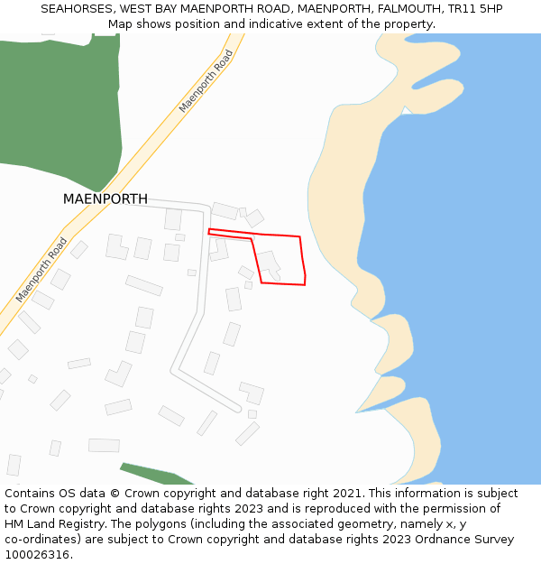 SEAHORSES, WEST BAY MAENPORTH ROAD, MAENPORTH, FALMOUTH, TR11 5HP: Location map and indicative extent of plot